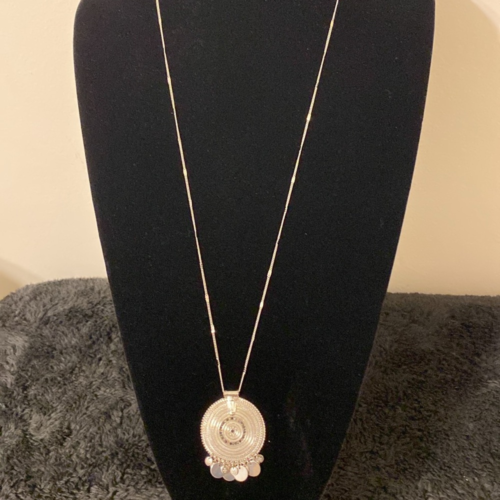 Charming Charlie Long Chain Medallion Pendant Necklace Silvertone